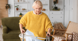 elderly woman using walker at home