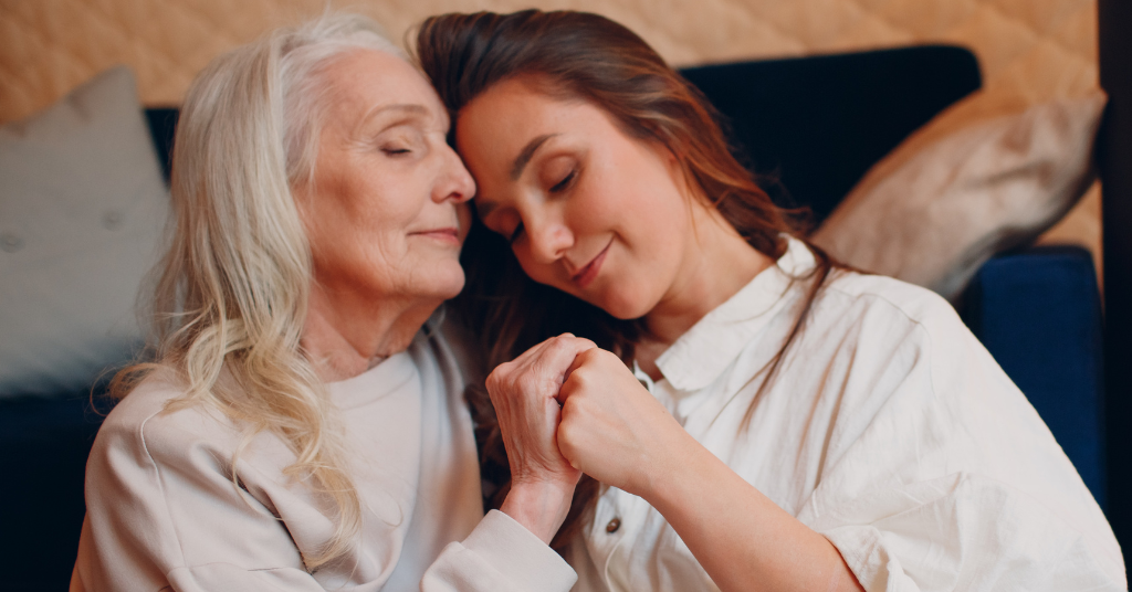 sandwich generation caregiver enjoying time with aging mother
